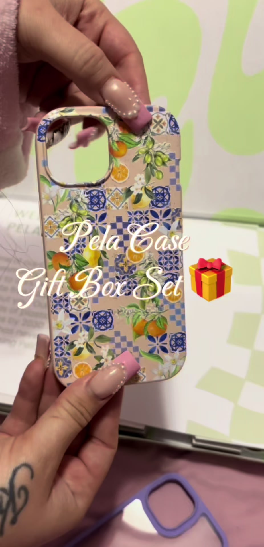 TikTok post by @portiascozycorner for Pela Case. Caption reads: This gift set is amazing 🥹❄️🎄 Perfect for the....
