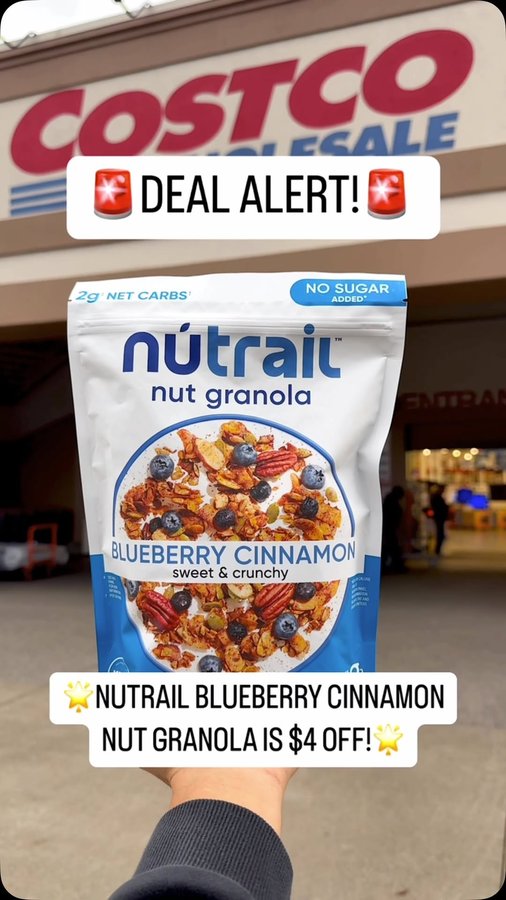 Instagram post by @costcodeals for nūtrail. Caption reads: #AD 🚨DEAL ALERT🚨 😋Delicious @NuTrail Blueberry....