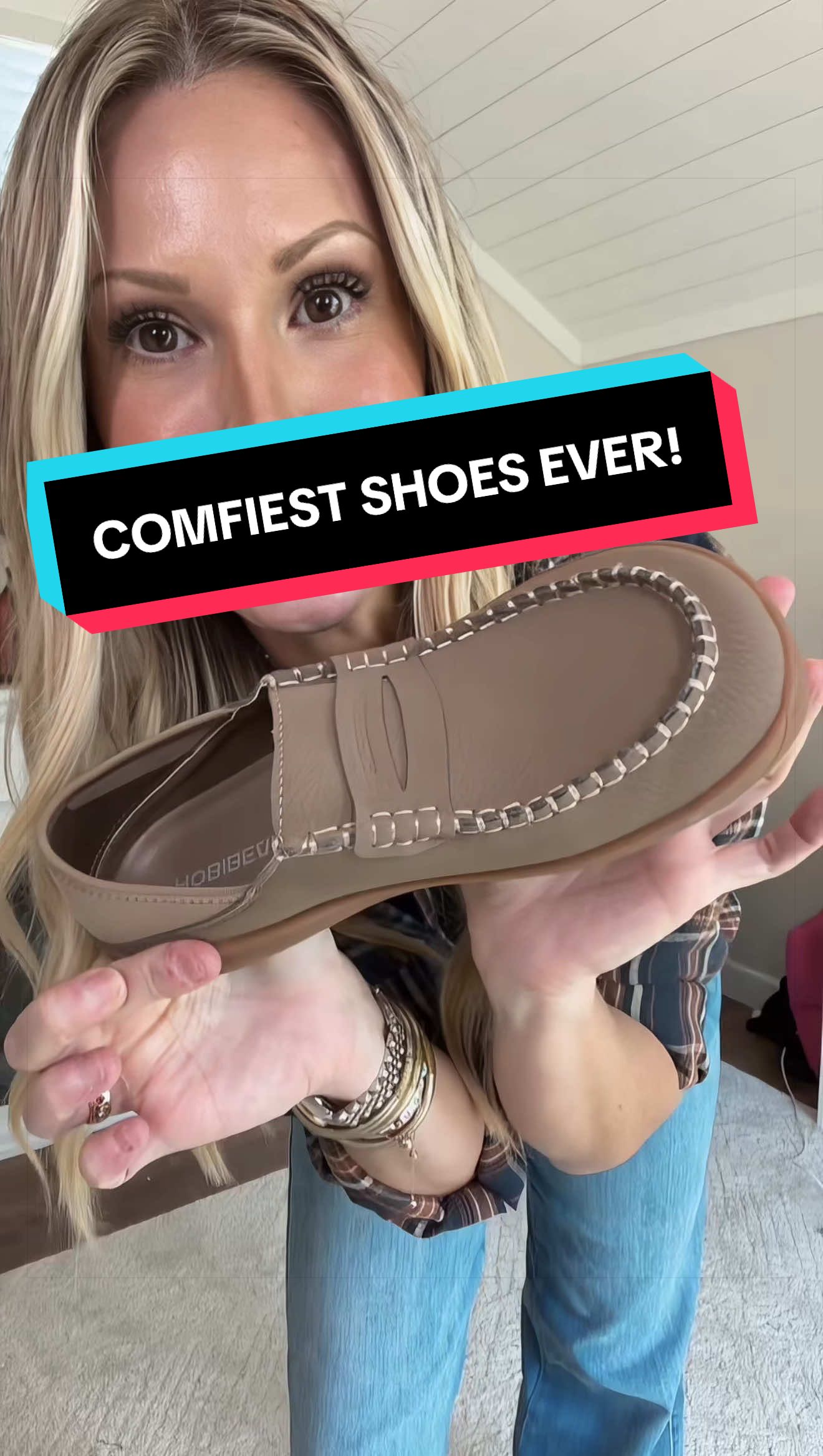 TikTok post by @tiredasamother for HOBIBEAR Shoes. Caption reads: [...] #hobibear #womensloafers @HOBIBEAR SHOES....