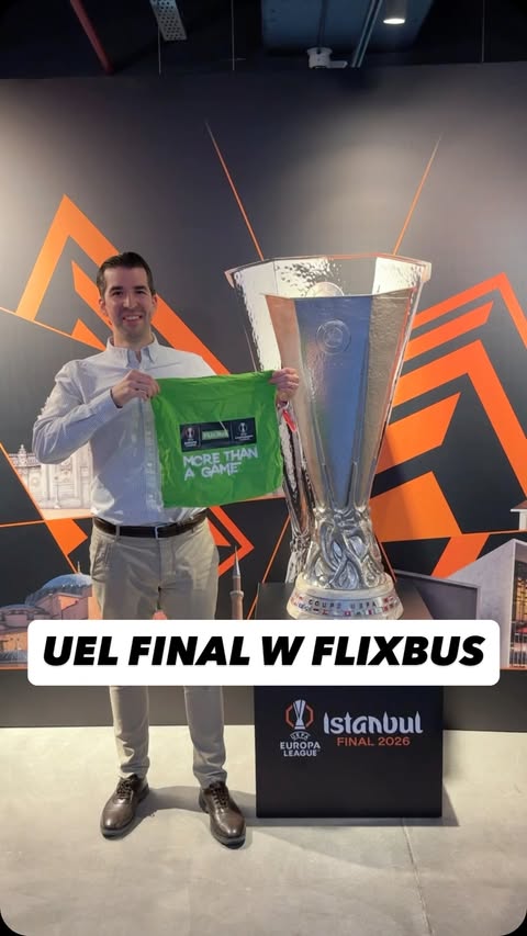 Instagram post by @jackgrimse for FlixBus. Caption reads: 🏆 UEFA Europa League Final with @FlixBus ⚽ We....