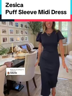 TikTok post by @laurie_stone for ZESICA USA. Caption reads: Replying to @socoblkgurl #MidiDress #Dress....