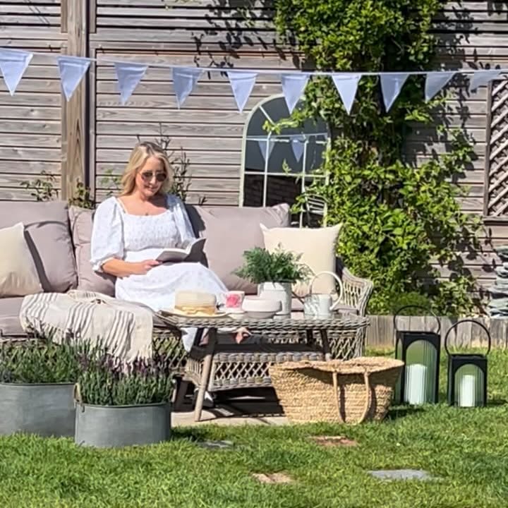 Instagram post by @hearts_at_claremont for Argos. Caption reads: Ad 🌿 Garden Glow-up! 😄🍃☀️💡 Who needs to travel....