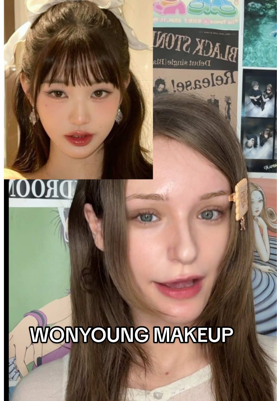 TikTok post by @marinaktunes for YesStyle. Caption reads: Maquillaje de Wonyoung de IVE 💗  Si utilizáis mi....