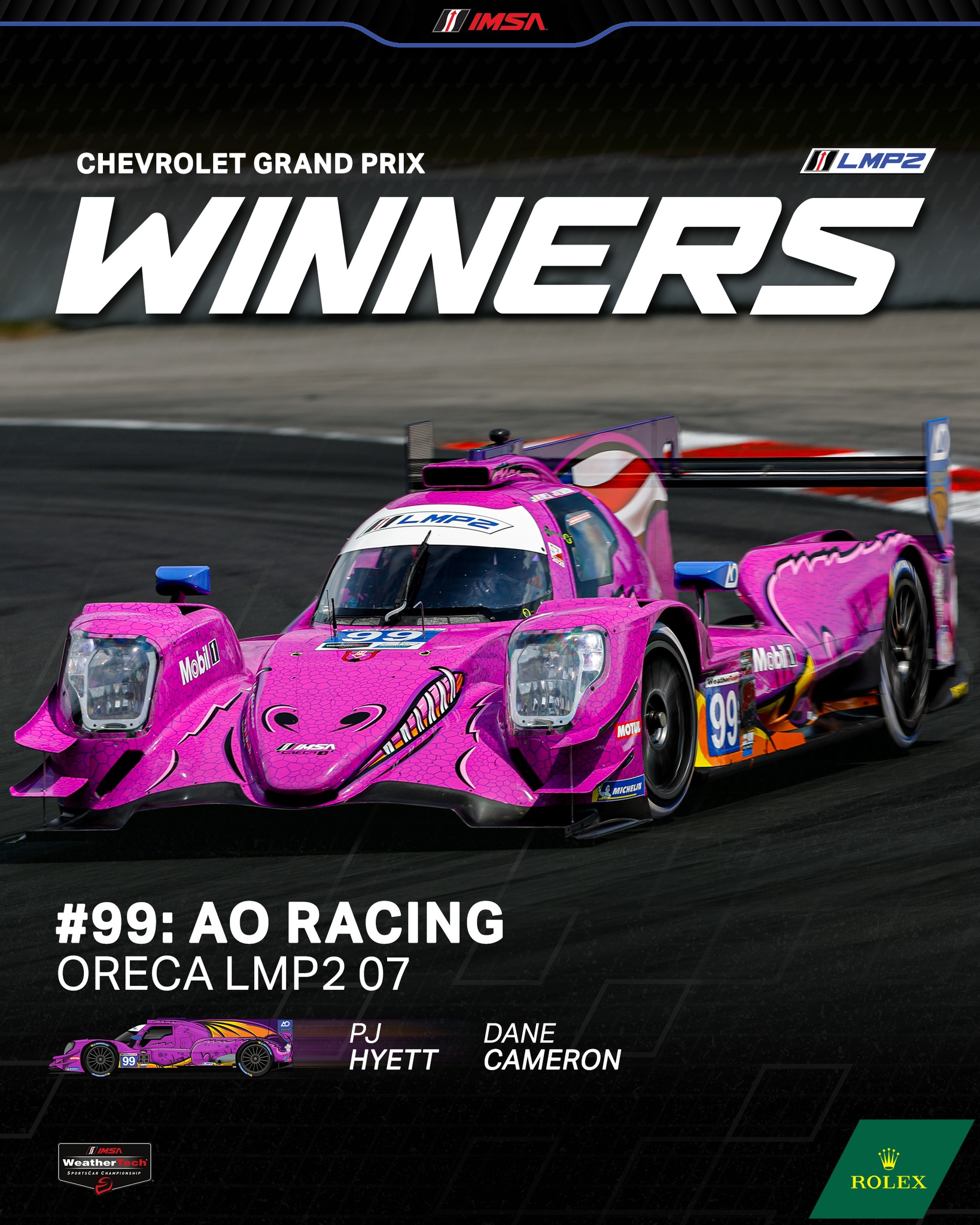 Instagram post by @imsa_racing for ROLEX. Caption reads: Congratulations to the No. 99 AO Racing, Oreca....