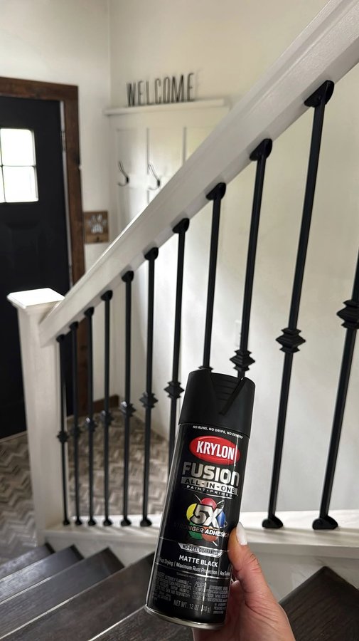 Instagram post by @stripped.and.styled for Krylon. Caption reads: [...] into buying new balusters, but by using....