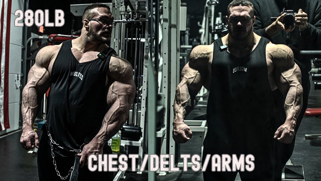 YouTube post by @NickWalker39 for WOLFpak. Caption reads: Chest, Delts & Arms — Off-Season Gains & Staying....