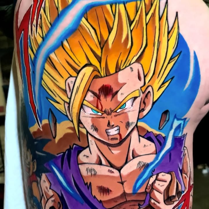 Instagram post by @negativetatt00 for Fkirons. Caption reads: 💥⚡️SON GOHAN SS2 ソン・悟飯⚡️💥

Tatuaje hecho en la....