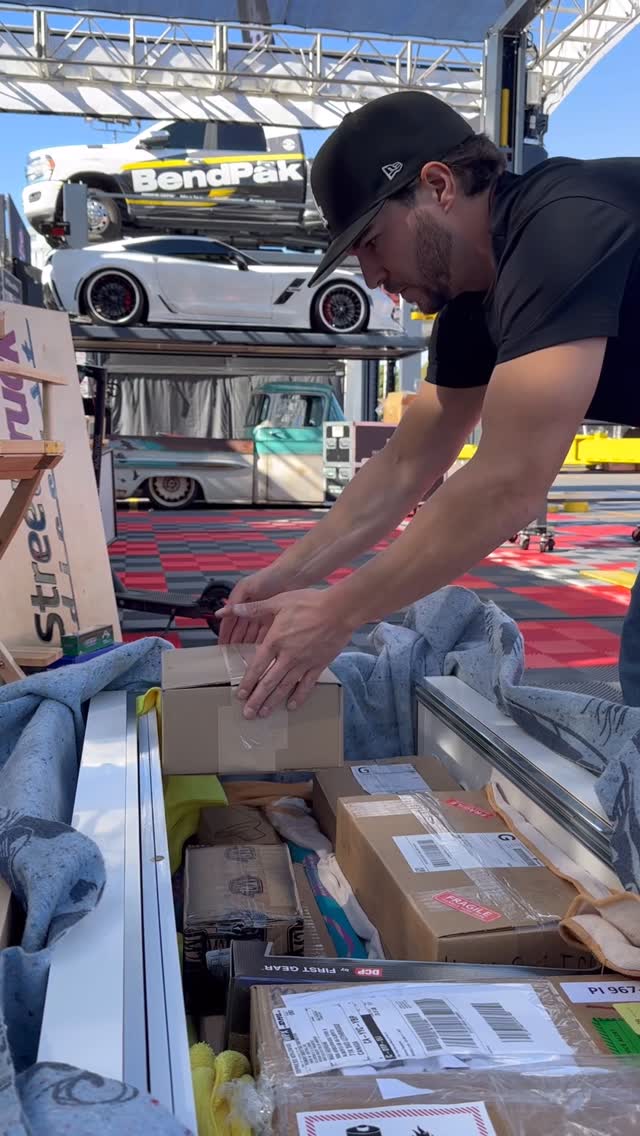 Instagram post by @streettruckdiecast for BendPak. Caption reads: Quick Look back at SEMA 2024 - setting up in the....