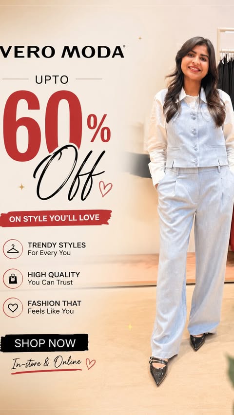Instagram post by @dxb_heer for VERO MODA. Caption reads: Get upto 60% OFF shopping at VERO MODA 🛍️✨ If....