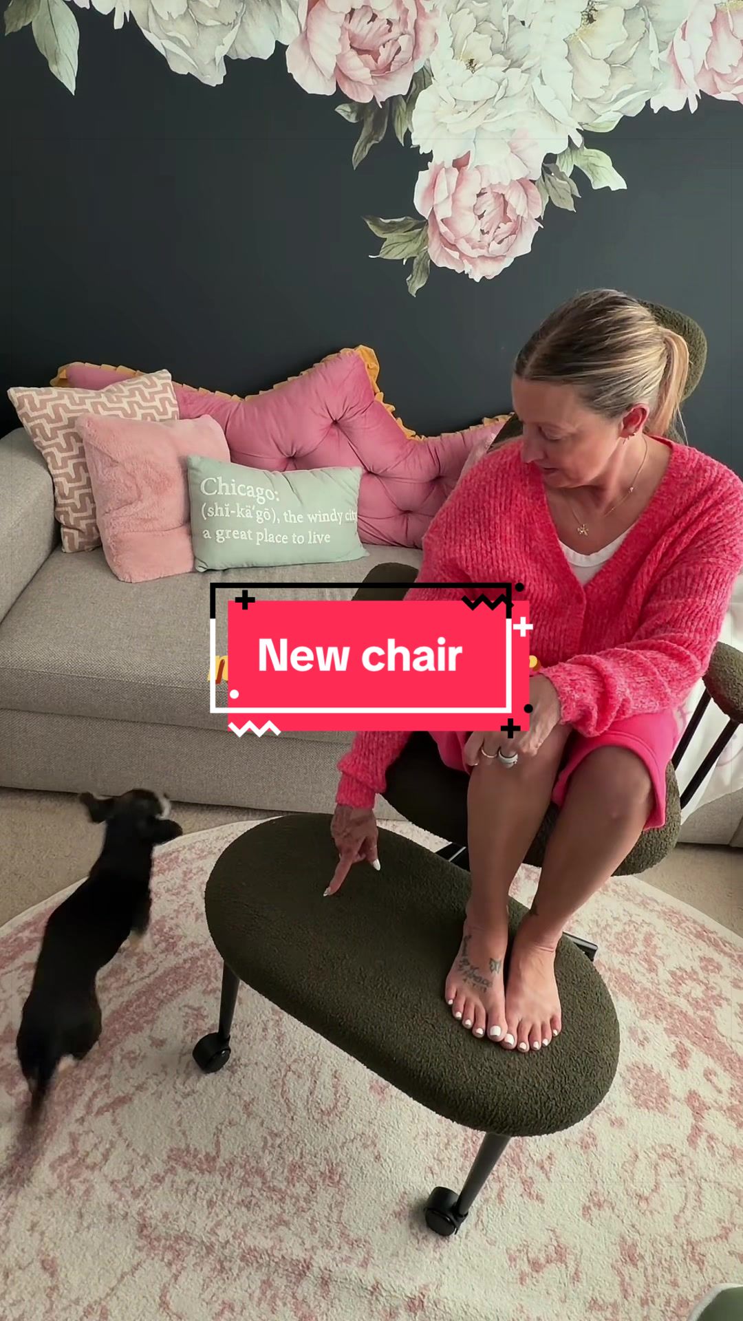 TikTok post by @randomkatieq for Pinmoco. Caption reads: [...] #crisscrosschair #ergonomicchair @PINMOCO....