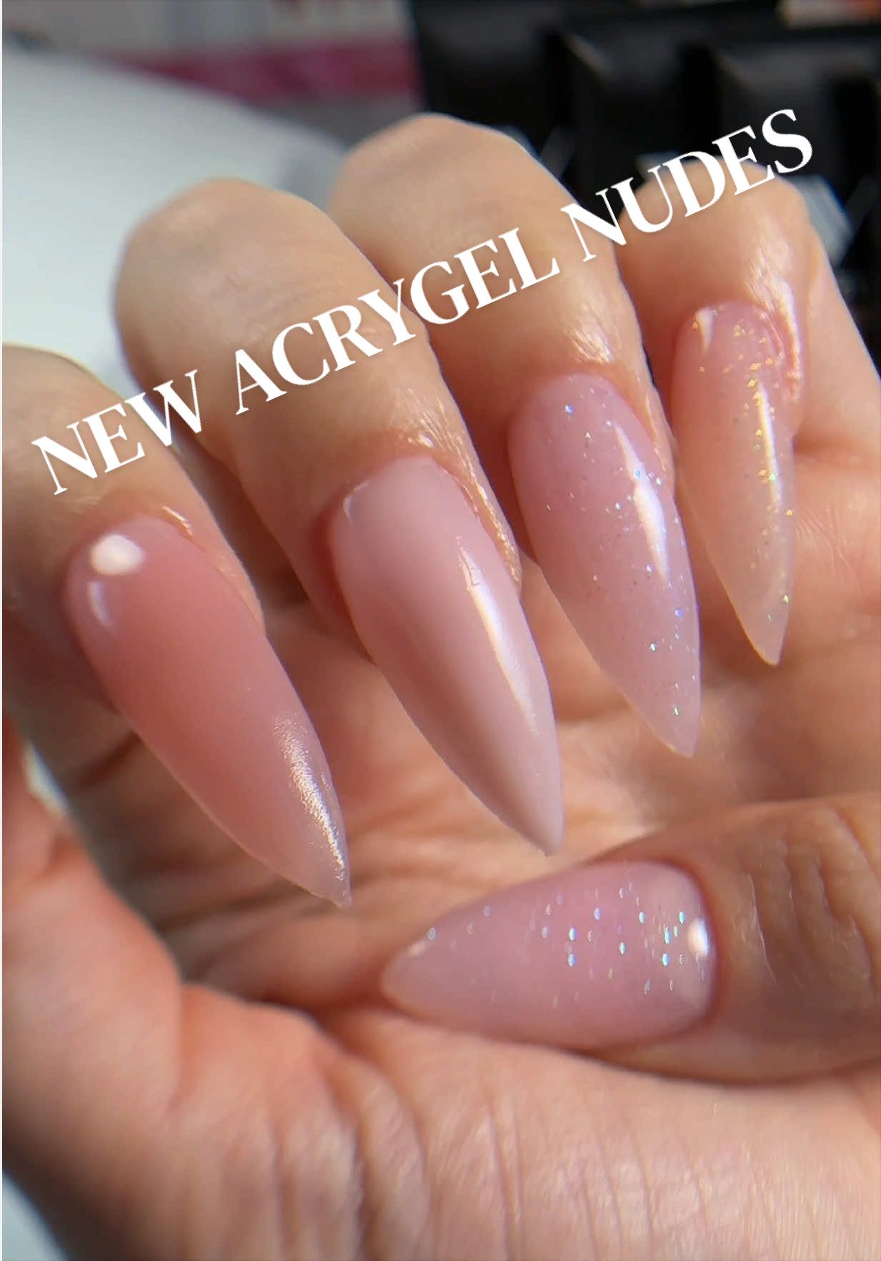 TikTok post by @miralina_nails for V Beauty Pure. Caption reads: [...] acrygel nude shades COMING SOON 🤩✨....
