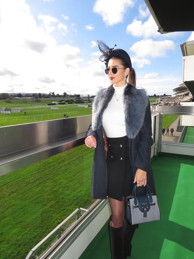 Instagram post by @katetraceyx for FAIRFAX & FAVOR. Caption reads: Day One of #CheltenhamFestival Wearing....