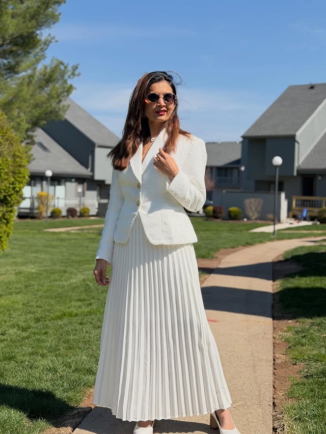 Instagram post by @swatighadwaje10 for stylewe.com. Caption reads: White blazer, clean vibes 🤍🤍🤍 Wearing: Elegant....