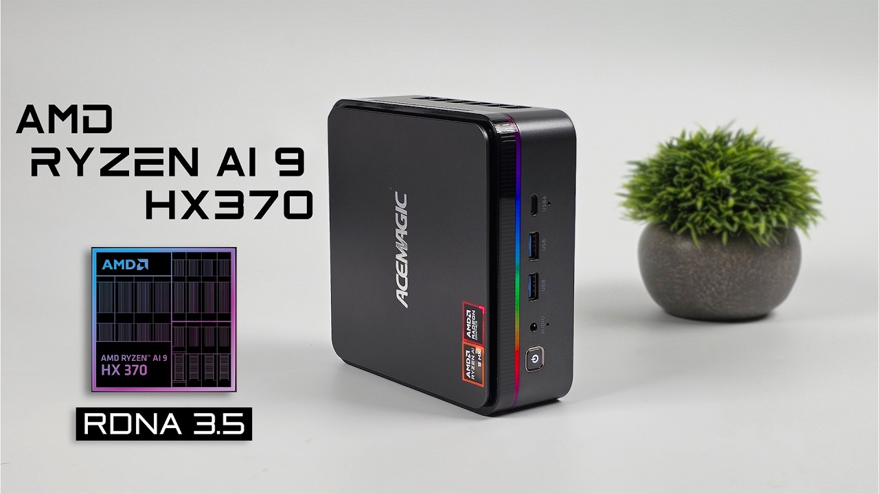 YouTube post by @ETAPRIME for ACEMAGIC. Caption reads: AMD Ryzen AI HX370 Mini PC Delivers Surprisingly....