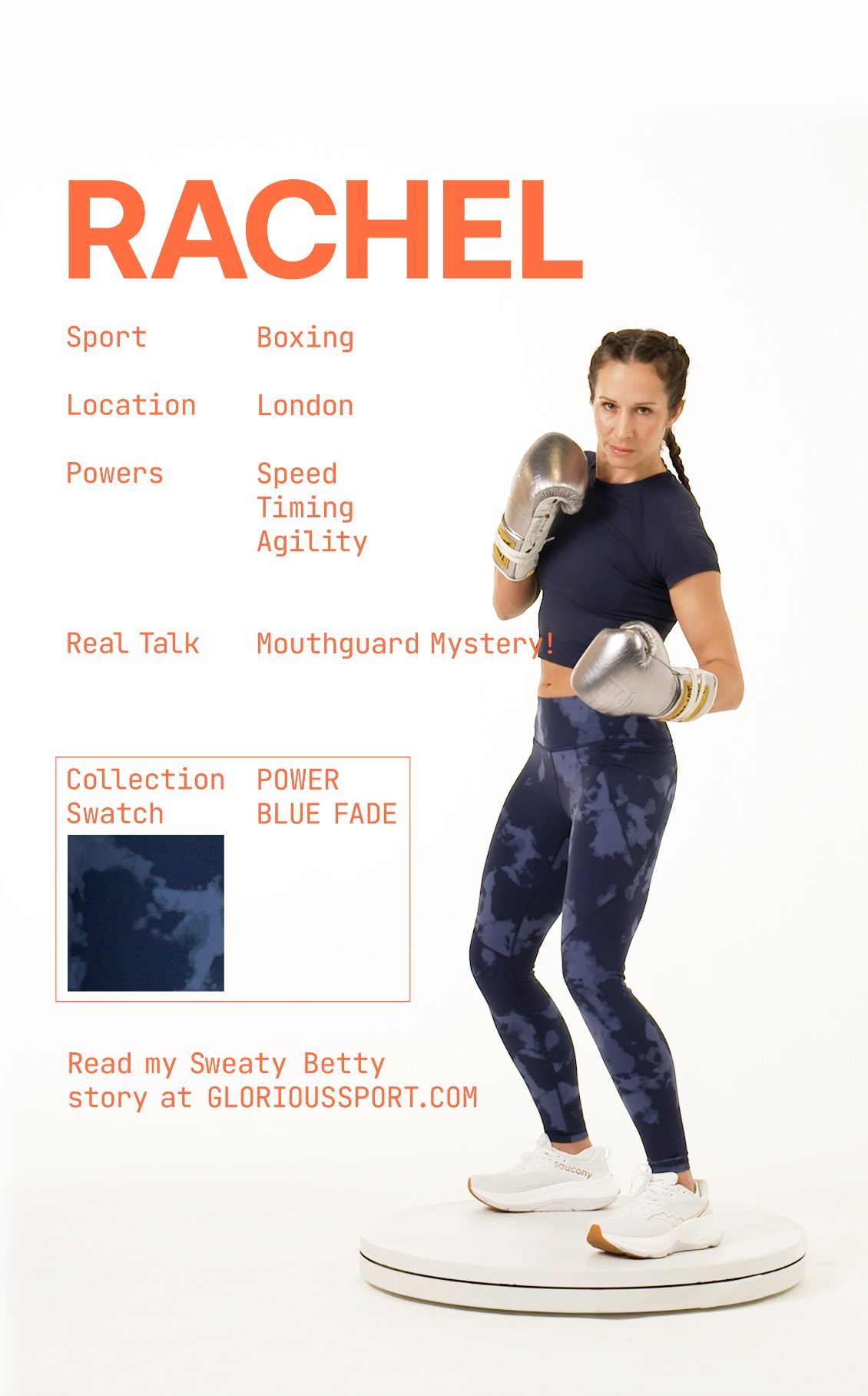 Instagram post by @bantam_boxer for Sweaty Betty. Caption reads: Detective. Coach. Fighter. Rachel Bower shows us....