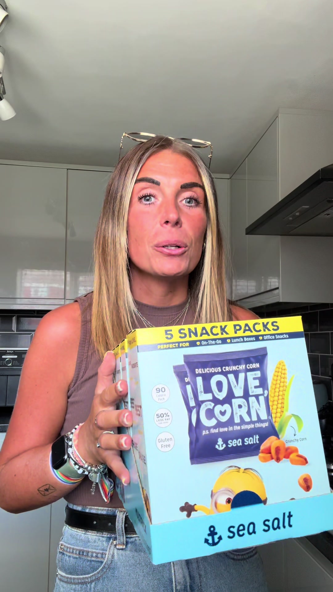 TikTok post by @aims_and_liv_backup for LOVE CORN. Caption reads: @LOVE CORN UK for when I am a little peckish 🌽....