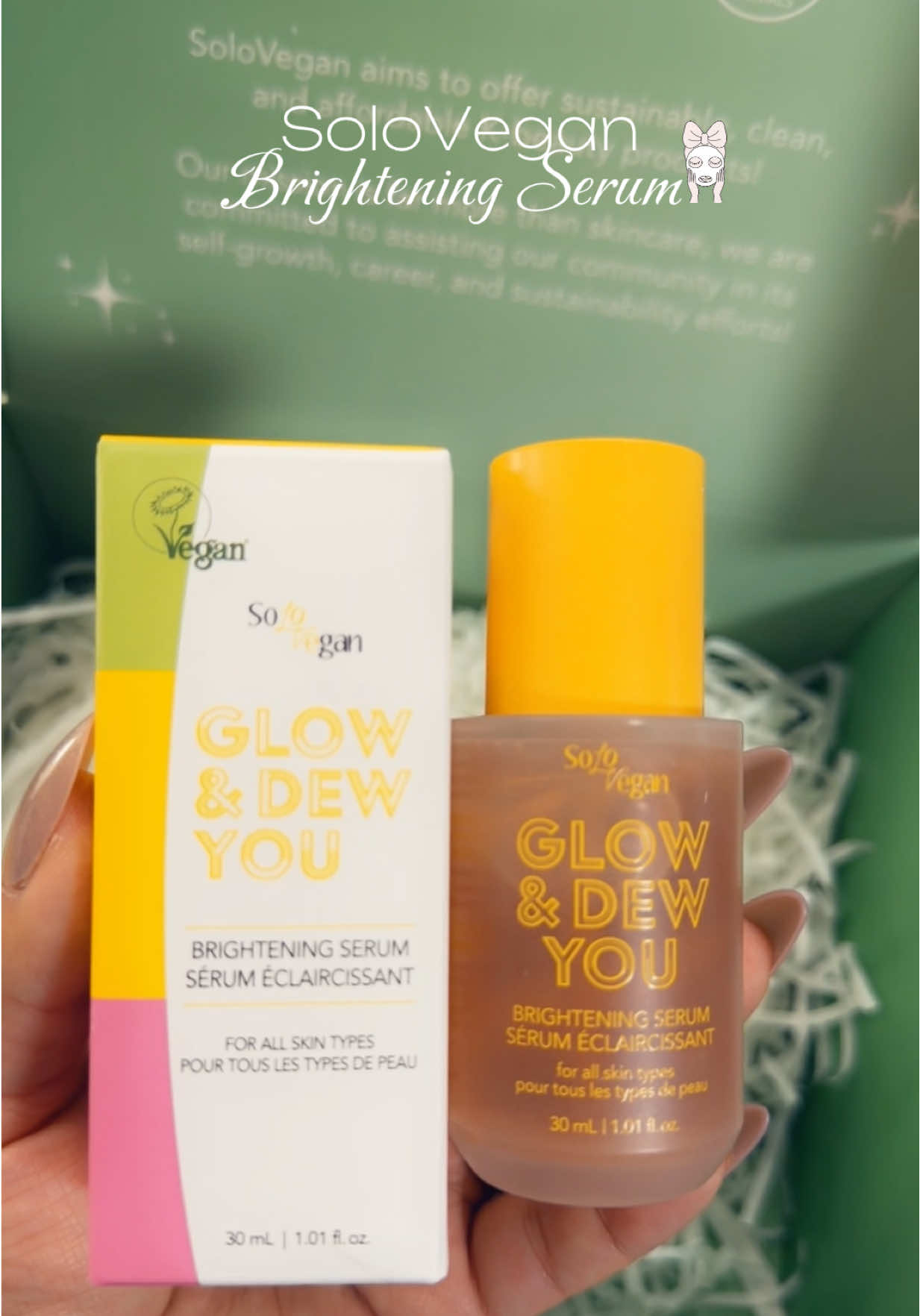 TikTok post by @stefani_laraa for SoloVegan. Caption reads: [SoloVegan] K-Beauty Brightening Serum & Collagen....