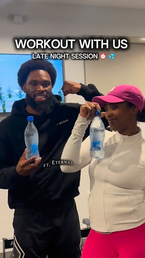 Instagram post by @roandj_ for Eternal Water. Caption reads: Full body workout with @eternalwater 💦🏋🏾‍♀️....