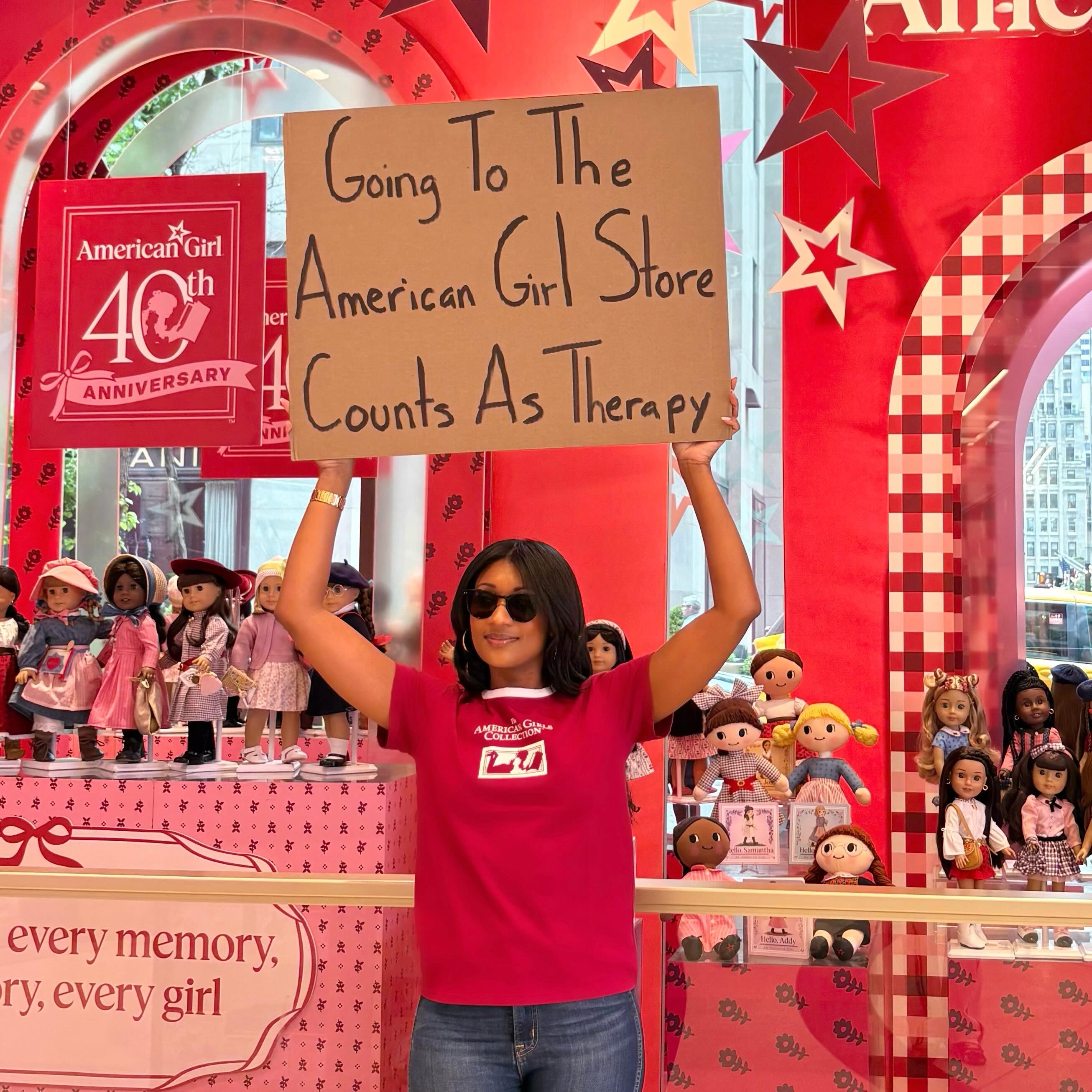 Instagram post by @dudettewithsign for American Girl. Caption reads: #ad Celebrating 40 years of American Girl with my....