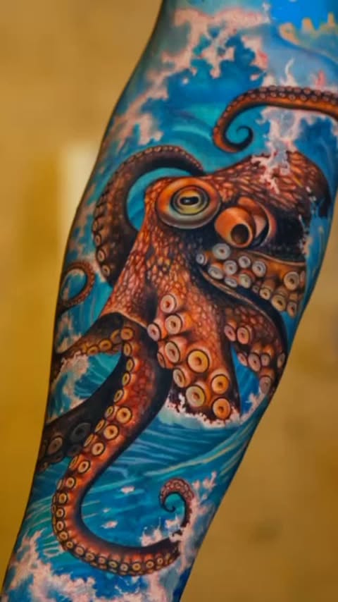 Instagram post by @leoink_tattoos for FK Irons Worldwide. Caption reads: Finally work done .!! 💪 An ocean-inspired sleeve....