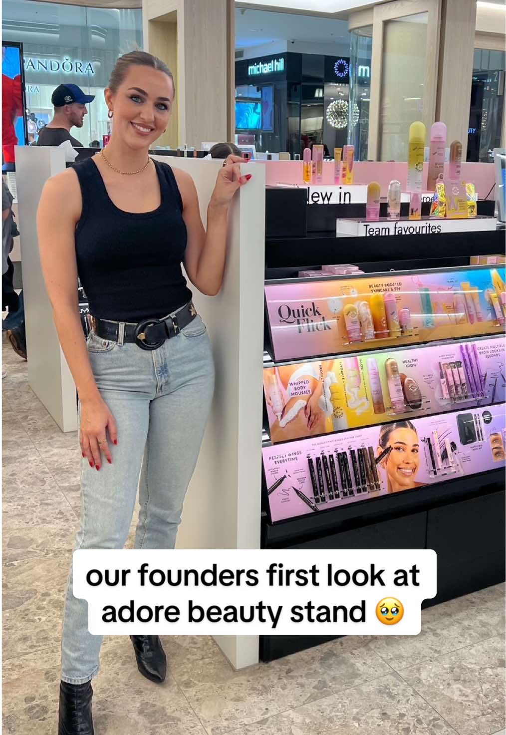 TikTok post by @thequickflick for Adore Beauty. Caption reads: First look of my @Adore Beauty display was....