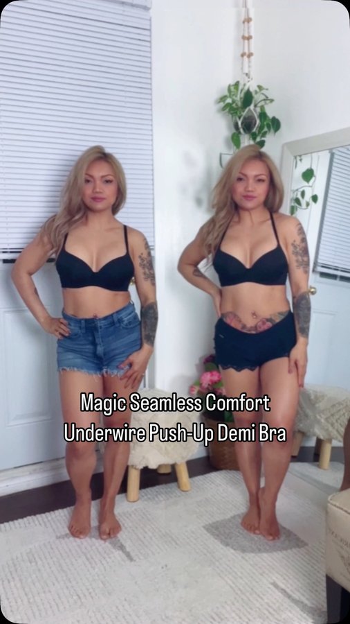 Instagram post by @nene_fitforlife for MagicBra. Caption reads: [...] Comfort Underwire Push-Up Demi Bra....