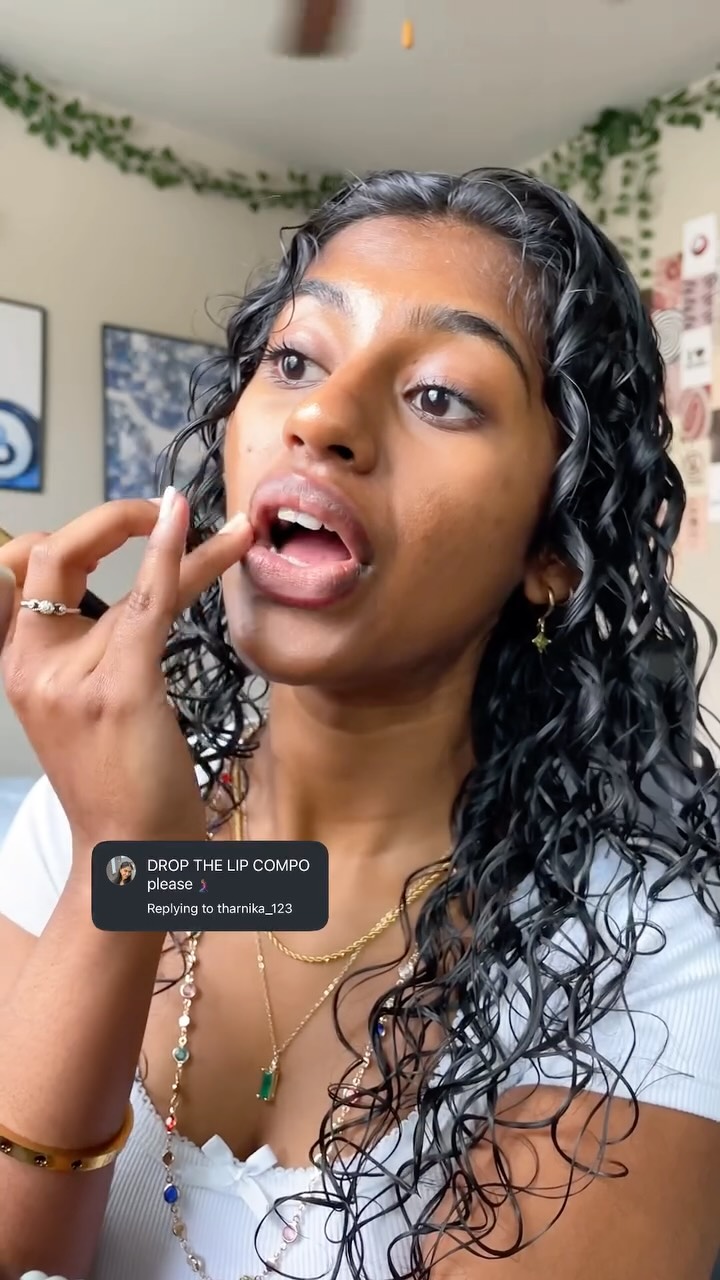 Instagram post by @vandanapksh for Karuna Skin. Caption reads: save this, your lips will ty! my go-to lip combo....