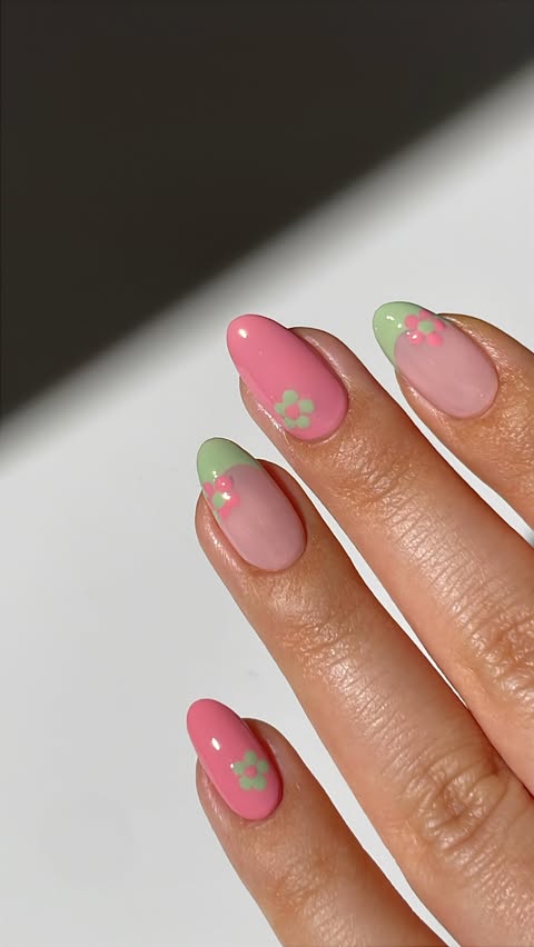 Instagram post by @simlynail for OPI. Caption reads: [...] green combo floral nails🥹🍓🍵🌸 using....