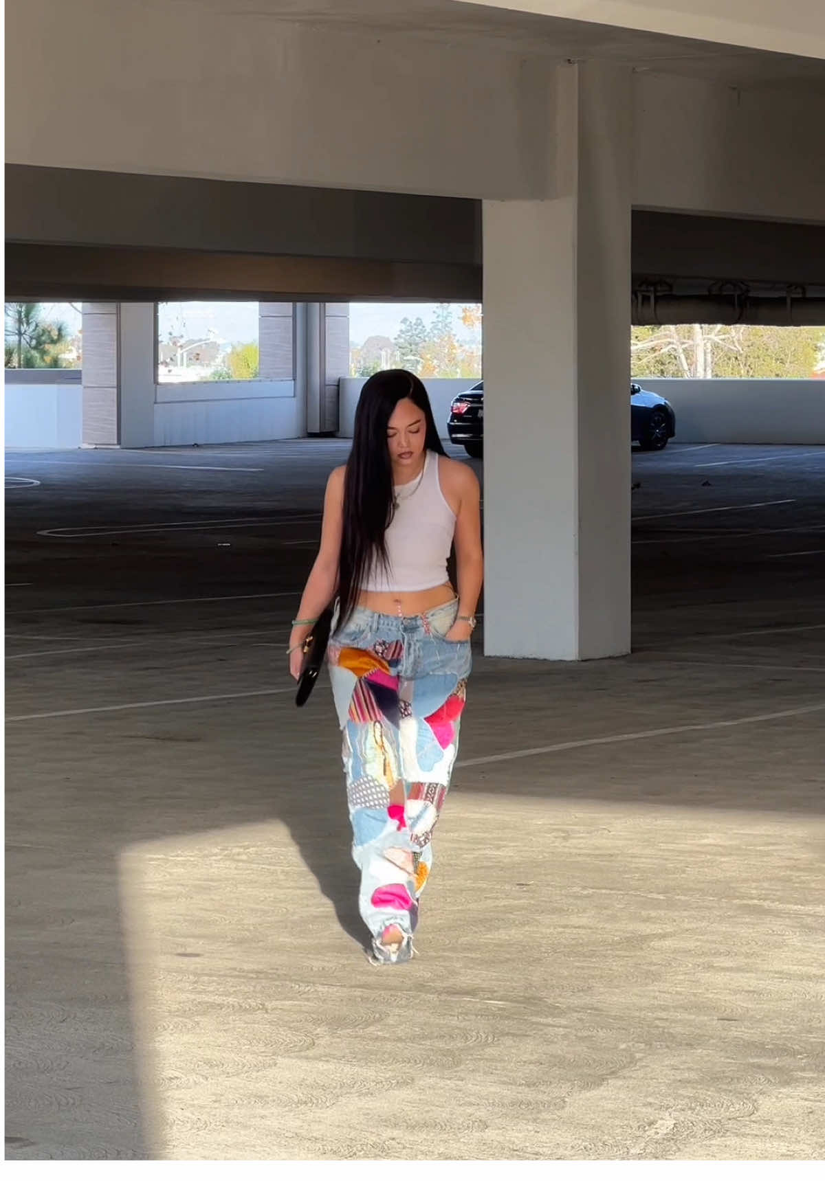 TikTok post by @moriaaahb for mnml. Caption reads: #ootd #mnmlfits #mnml #patchworkjeans #outfitideas....