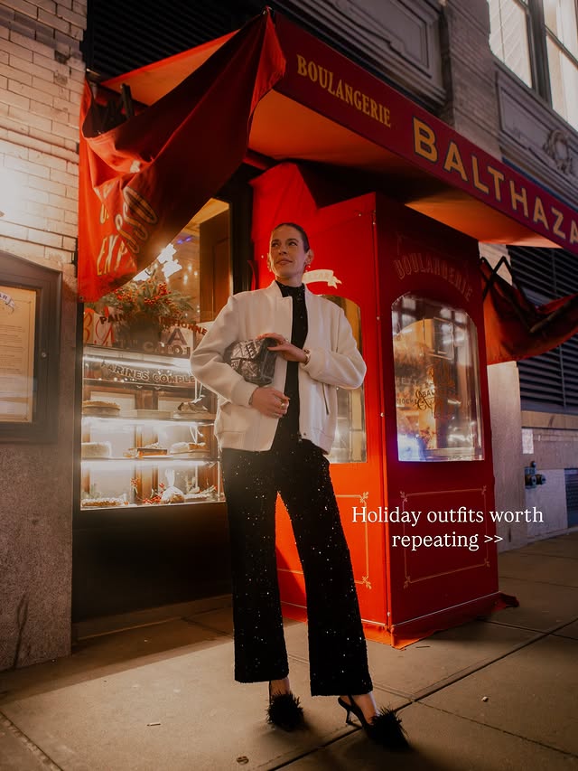 Instagram post by @ekammeyer for J.Crew. Caption reads: Holiday outfits worthy of a repeat 🌲 

saved the....