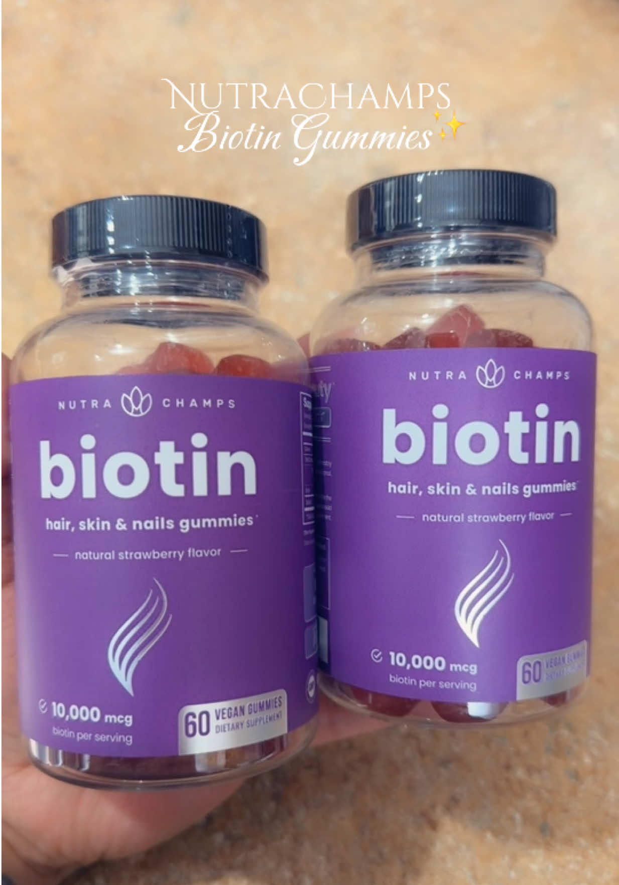 TikTok post by @stefani_laraa for NutraChamps. Caption reads: NutraChamps Biotin Gummies, for Hair, Skin & Nails....