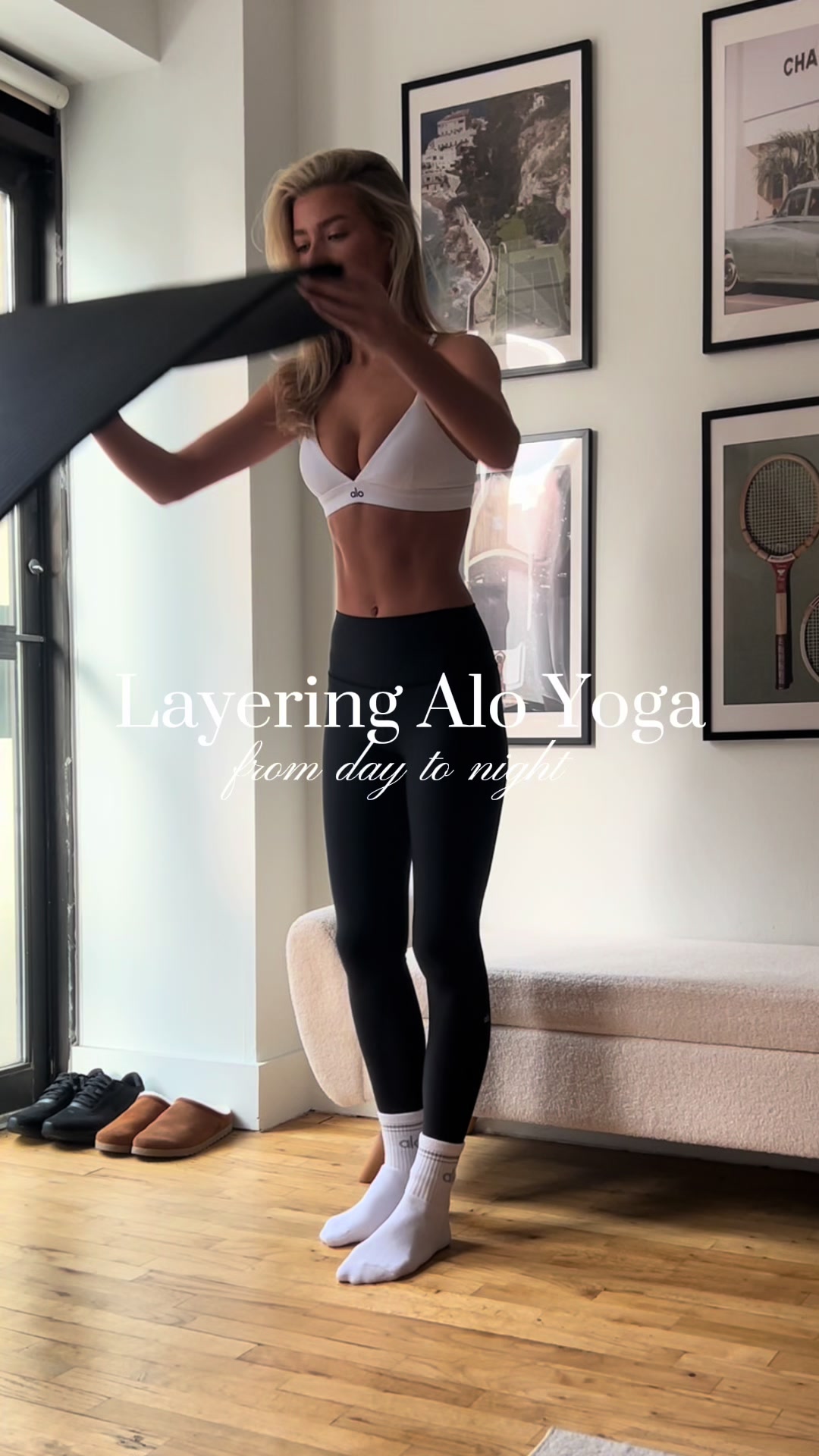 TikTok post by @alexisloomans for Alo Yoga. Caption reads: Step into winter with style, 30% off site wide....