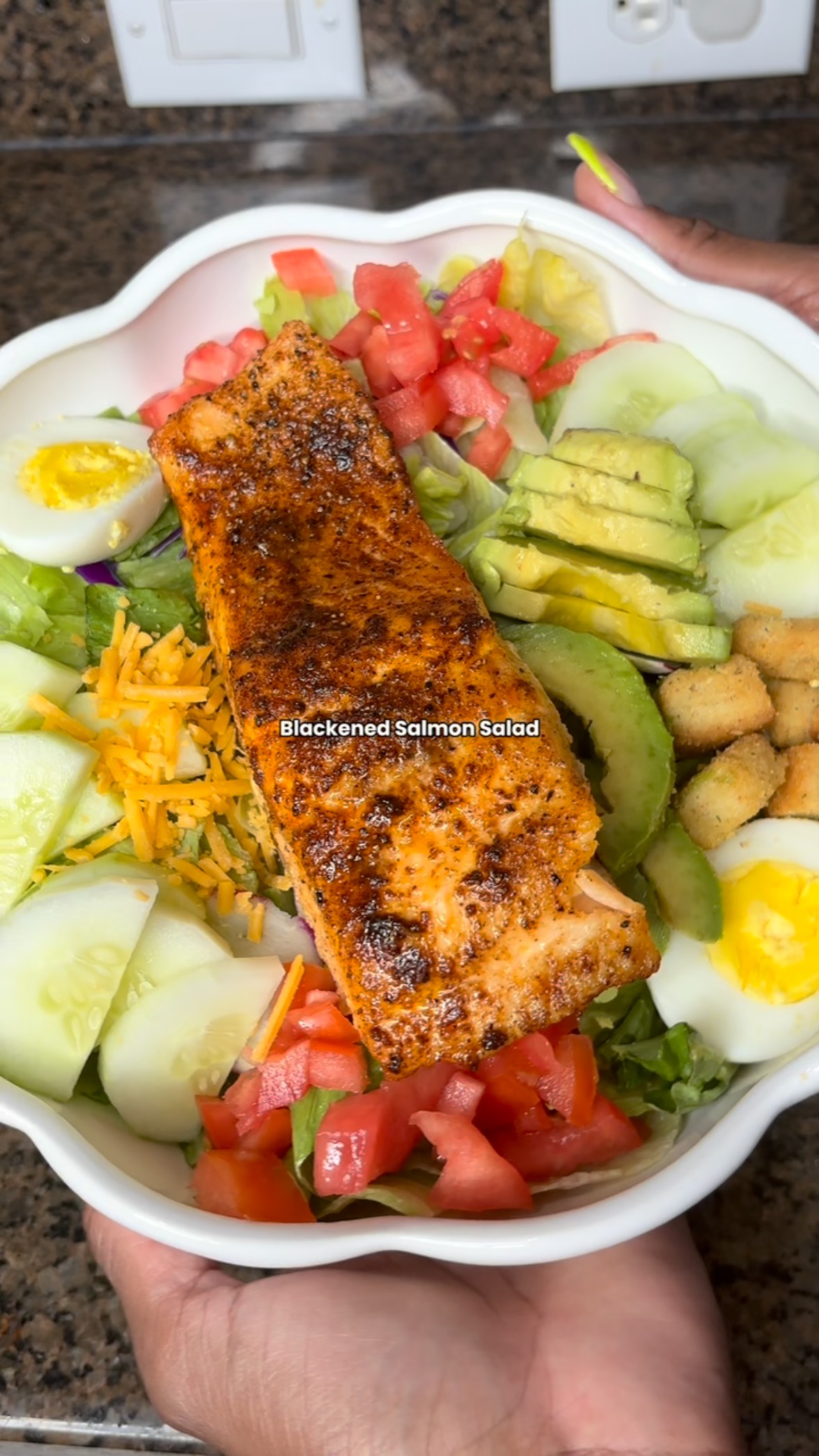 Instagram post by @chrisylalaa for Bluehouse Salmon. Caption reads: #ad Blackened Salmon Salad @bluehousesalmon....