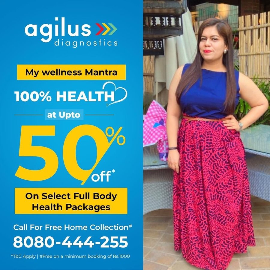 Instagram post by @doctorshail for Agilus Diagnostics. Caption reads: [...] checkups! Unlock 100% health with Agilus....