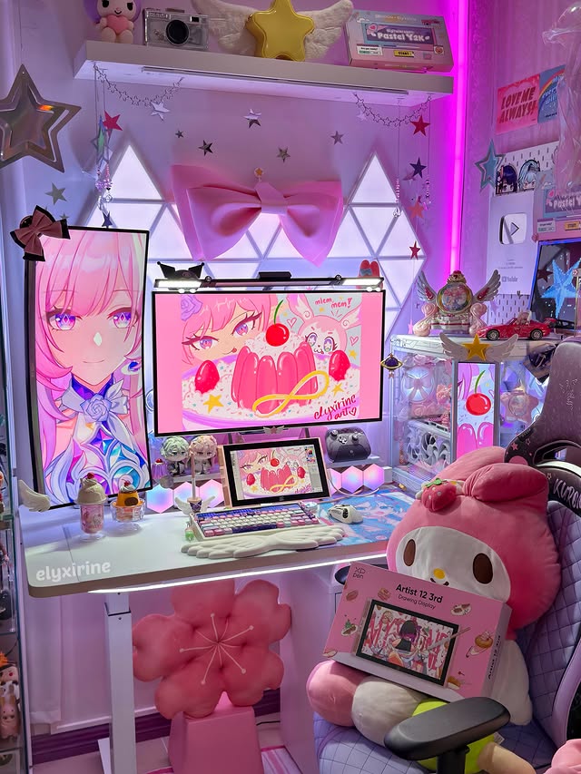 Instagram post by @elyxirineart for XPPen. Caption reads: ✦💗✦ my PINK desk setup with @xppen! full unboxing....