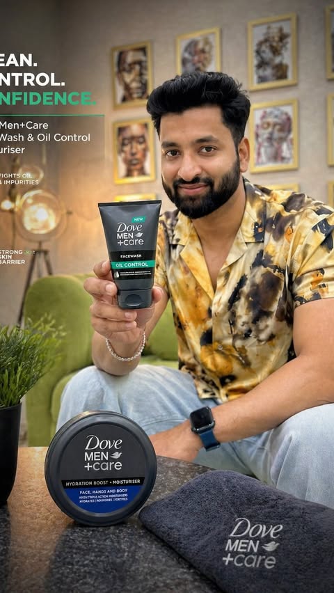 Instagram post by @elitewithpriyanshu for ThePinkPantherCo. Caption reads: Upgrade your grooming game with Dove Men+Care 💧....