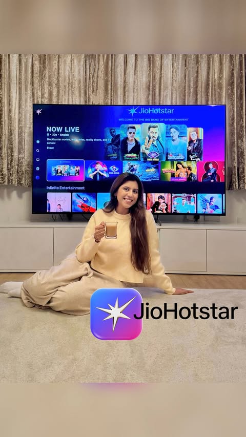 Instagram post by @mahisarna for JioHotstar. Caption reads: [...] much-needed time to switch off 💜 📺....