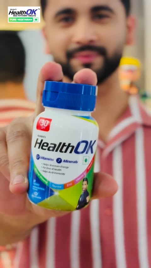 Instagram post by @officialindranil for HealthOK Tablets. Caption reads: [...] and easy to stay consistent with.....