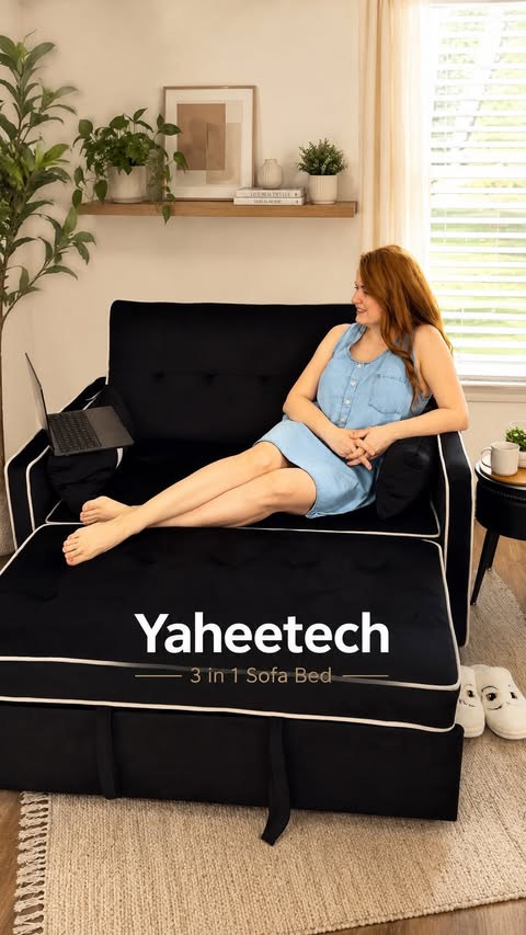 Instagram post by @ozberrry for Yaheetech. Caption reads: One sofa, three ways to relax! 🖤 The Yaheetech....