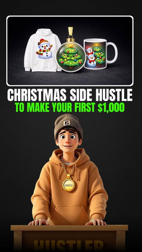 Instagram post by @trywithmark for Printify. Caption reads: AI Christmas Side Hustle to Make Your First $1,000....