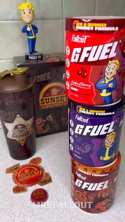 Instagram post by @mrs.fallout for G FUEL. Caption reads: NEW @gfuelenergy Fallout inspired flavors and....