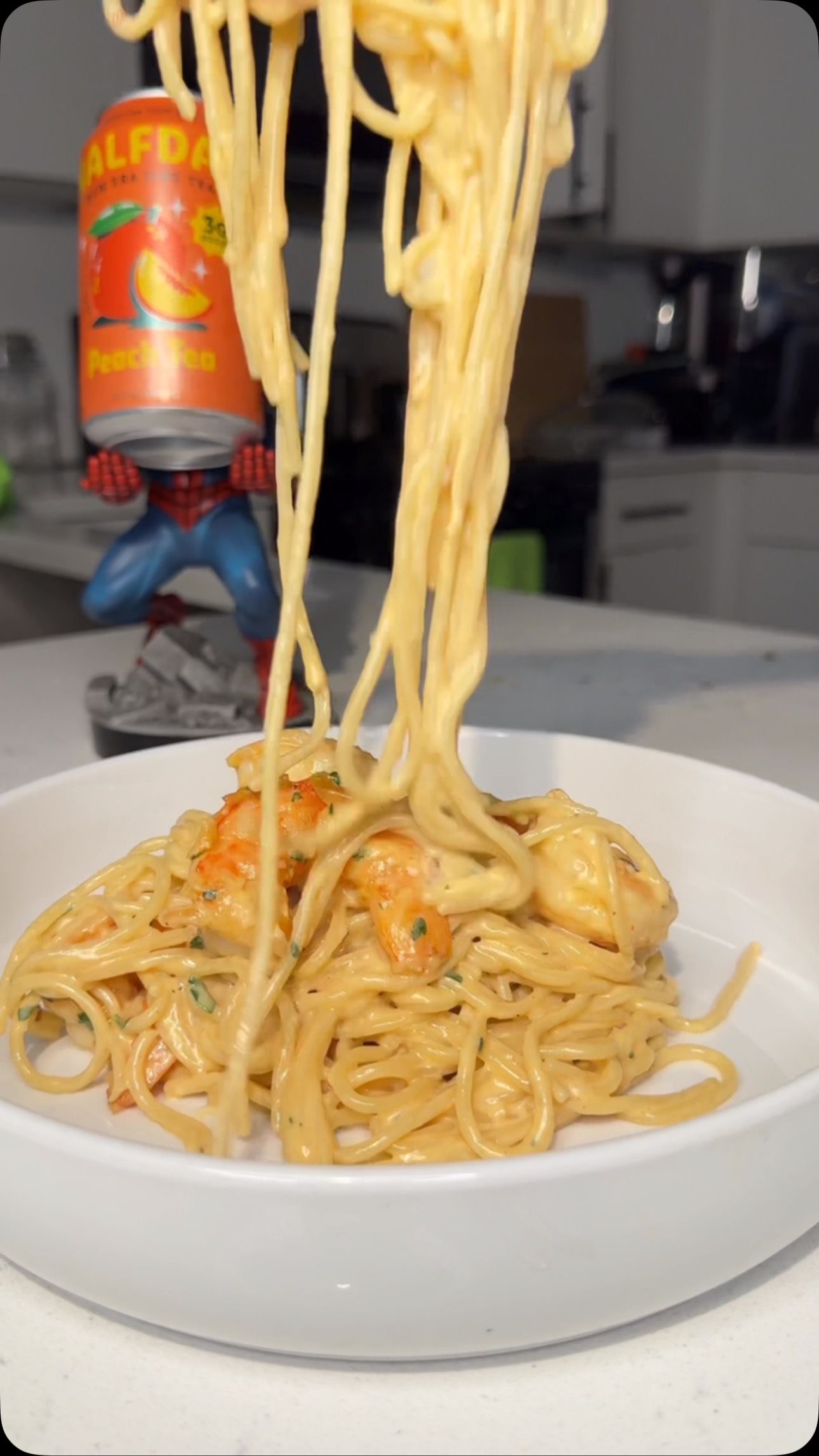 Instagram post by @daronthechef for Halfday Iced Tea. Caption reads: 20 Minute Creamy Lemon Shrimp Pasta 😮‍💨....