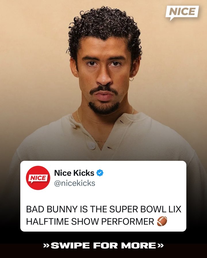 Instagram post by @benitodata for Nice Kicks. Caption reads: Global superstar and adidas ambassador Bad Bunny....