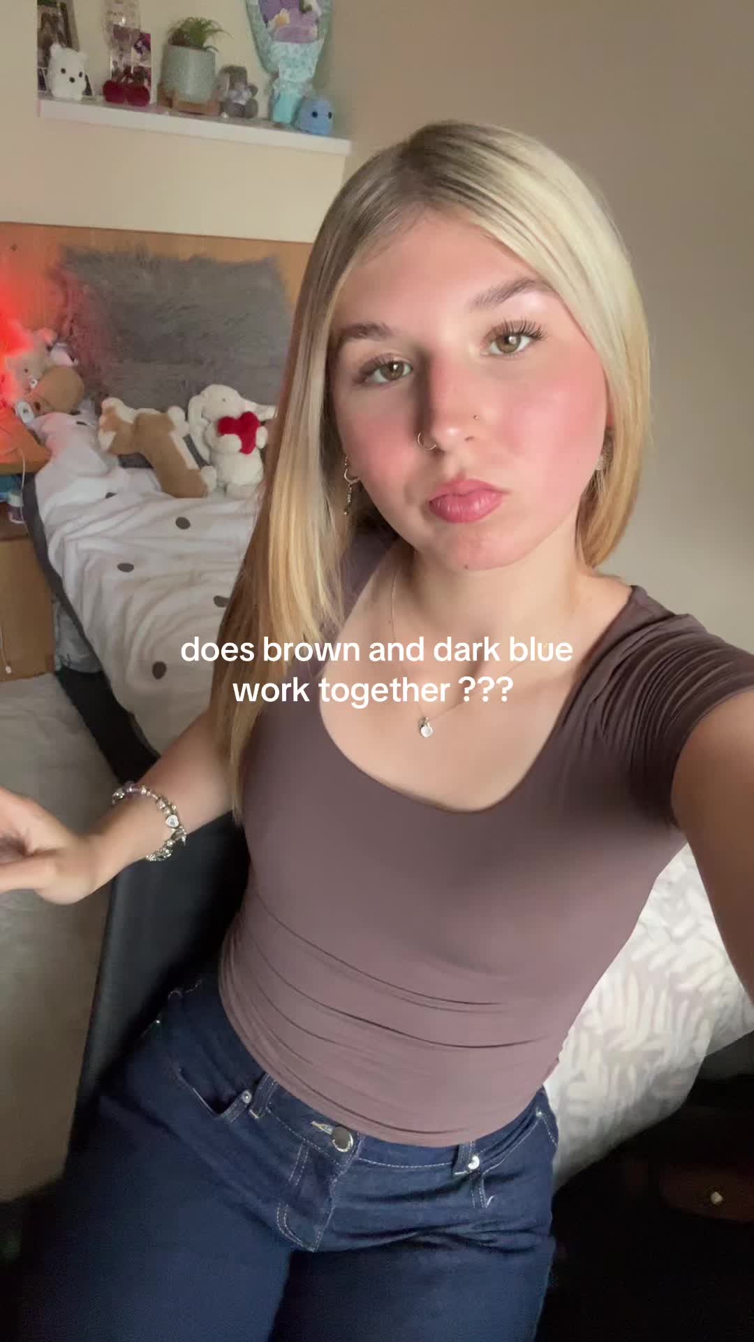 TikTok post by @haygracie_ for MOOSLOVER. Caption reads: crashing out help #brownanddarkblue #darkblue....