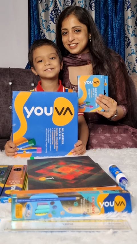 Instagram post by @babyatharv2020 for Youva stationery. Caption reads: [...] on Amazon!🛒 {Ad, Collab, Youva, Youva....