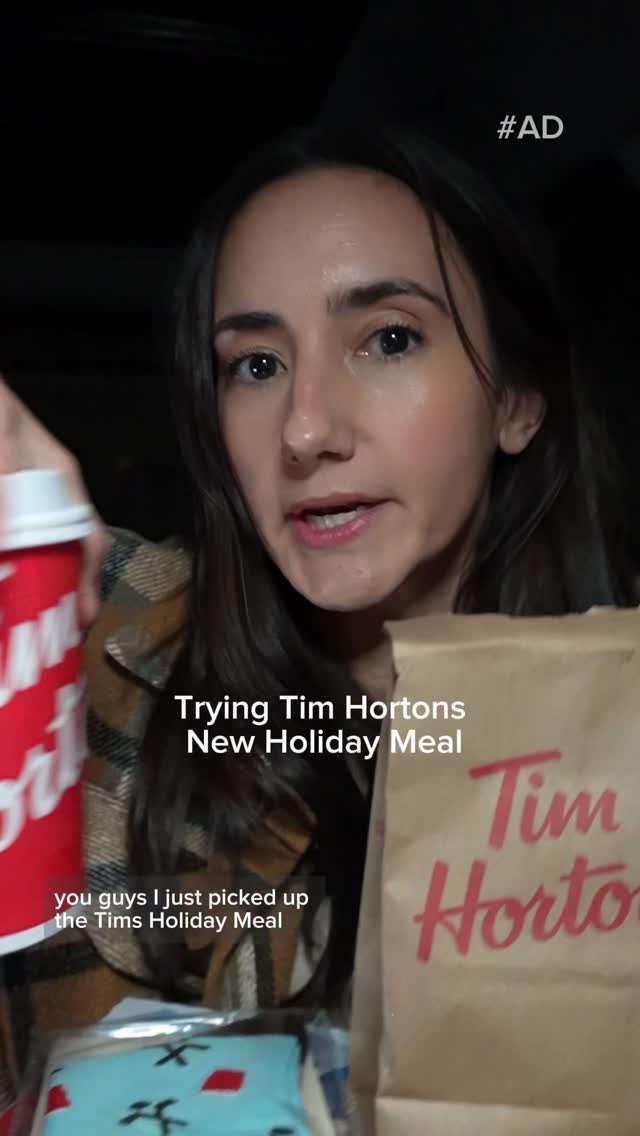 Instagram post by @mac.larena for Tim Hortons. Caption reads: #AD Taste-test the @timhortons Holiday Meal with....
