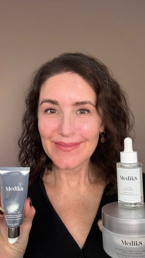 Instagram post by @evolvingover50 for Medik8. Caption reads: If you want smoother, firmer, glowing mature skin…....