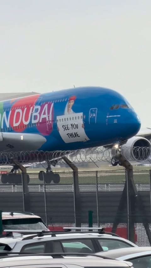 Instagram post by @elemer.aviation for Emirates. Caption reads: Emirates A380 touching down at London Heathrow!....