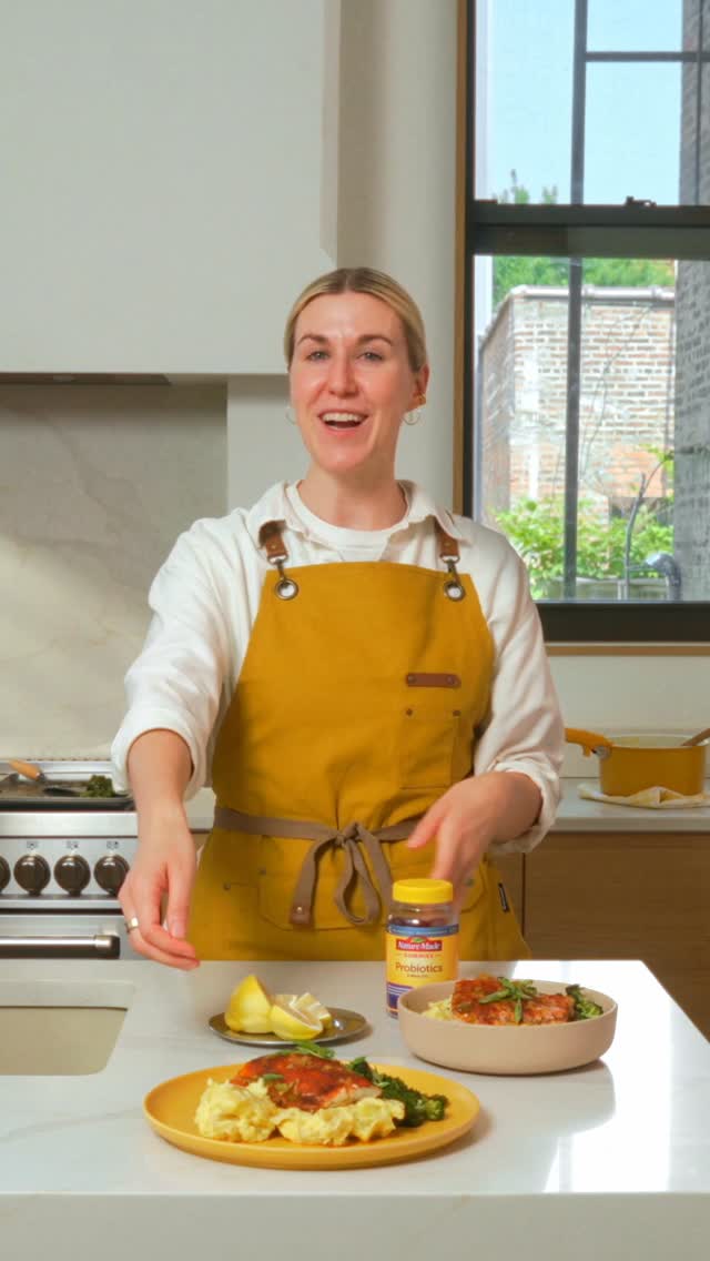 Instagram post by @justine_snacks for Naturemade. Caption reads: Lemon Brown Butter Barramundi - a gut-friendly....