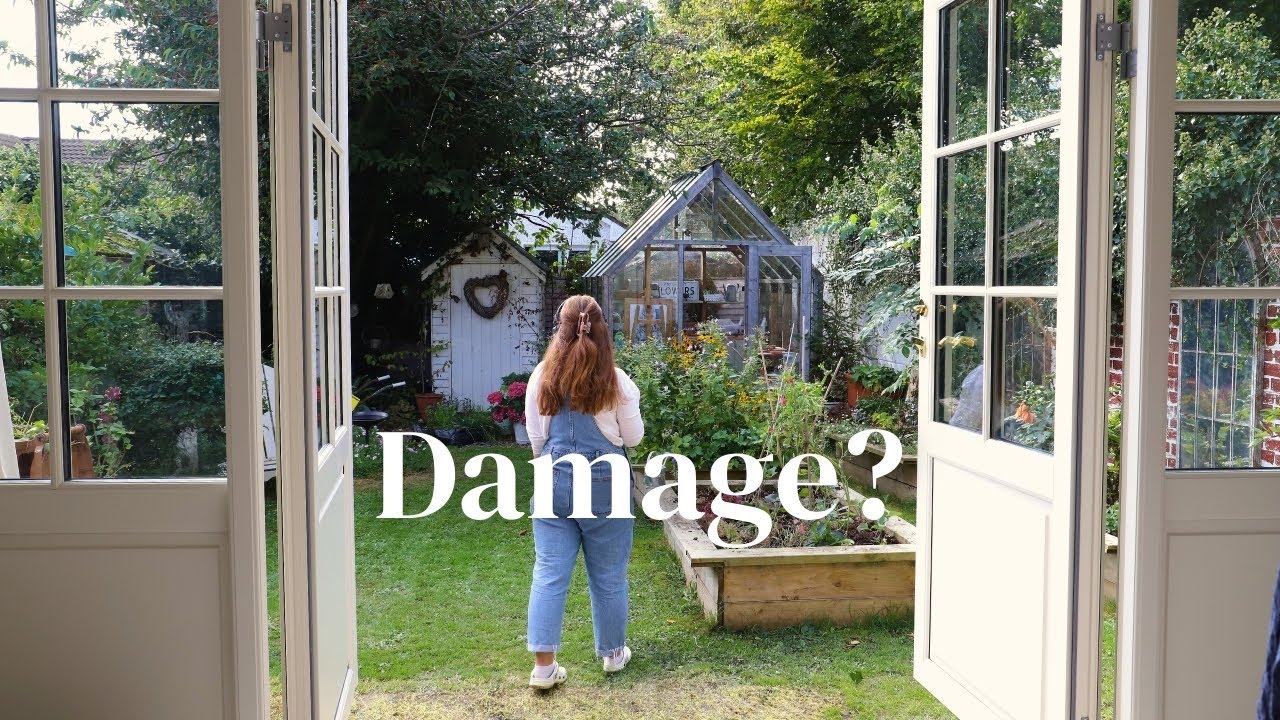 YouTube post by @DaintyDiaries for Flodesk. Caption reads: 🌿 Damage?! | Assessing the Cottage Garden After....